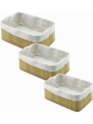 Aee® 3'lü Bambu Organizer Sepet Seti – Dikdörtgen Ahşap Altlıklı & Bezli Sepet (30X20X11.5 – 25X16X9