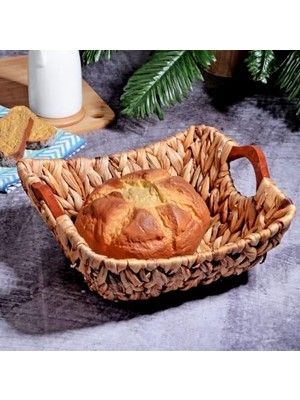 Serisi Bezli Kare Ahşap Kulplu Hasır Ekmek Sepeti