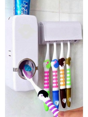 Otamatik Diş Macunu Sıkacağı ve 5 Adet Diş Fırçalığı Macun Sıkacak Diş Fırçası Banyo Askı Seti