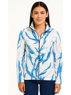 Glam Love Tam Fermuarlı Desenli Polar Sweat Lightning Desen Yakalı, Uzun Kollu, Oversize Rahat Kalıp - Beyaz
