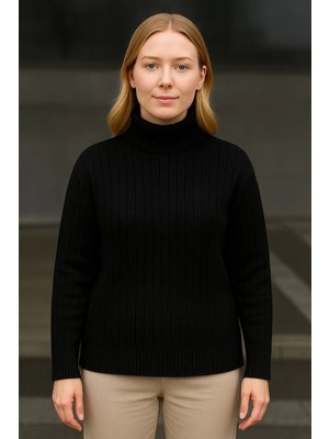 Glam Love Balıkcı Yaka Bağazlı Triko Kazak Pamuklu Kalın Fitilli Dokuma - Siyah