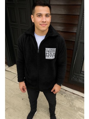 Glam Love Polar Fermuarlı Sweatshirt – Kapüşonsuz, Cepli, Yumuşak Dokulu, Oversize Rahat Kalıp, Kışlık Sıcak Tutan Fermuarlı Üst - Siyah