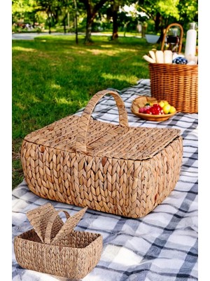 El Yapımı Su Sümbülü Kapaklı Büyük Boy Hasır Örme Piknik Sepeti Dikdörtgen - 46X30CM - 20-36CM