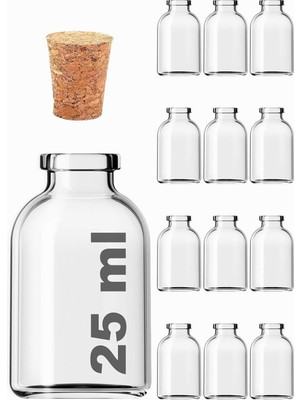 Şeffaf 25 ml / 25 cc Mantar Tıpalı Boş Cam Şişe 12 Adet