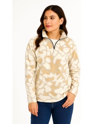 Glam Love Yarım Fermuarlı Desenli Polar Sweat Yakalı, Uzun Kollu, Oversize Rahat Kalıp - Bej -