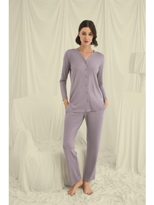 Liyuza Uzun Kollu Düğmeli V Yaka Pijama Takımı