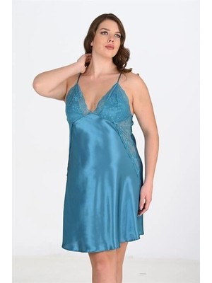 Liyuza Büyük Beden Dantel Işlemeli Saten Gecelik