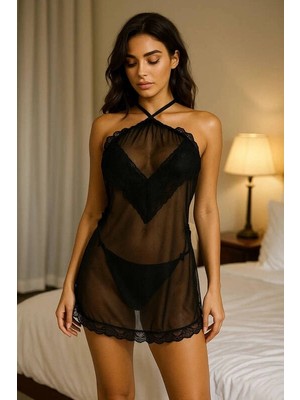 Liyuza Transparan Dantel Detaylı Mini Gecelik