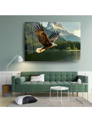 Glitglass Göl Üzerinde Süzülen Kartal Cam Tablo - 4mm Temperli Kırılmaz Cam - Vahşi Doğa Temalı Sanat