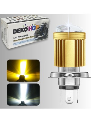 Dekohop H4 Mercekli LED Ampul Delici 12-24V Beyaz  Amber Sarı Far Lambası Metal Gövde 1 Adet 15W 1500LM