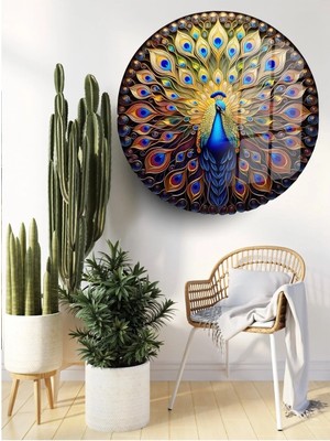 Glitglass Yuvarlak Cam Tablo - Göz Alıcı Tavus Kuşu ile Doğadan Bir Şıklık