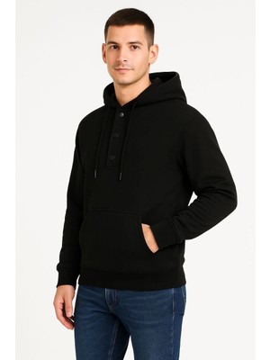 Glam Love Ovarsize Kapüşonlu  Sweatshirt Kanguru Çepli Cıtcıtlı 3 Iplik Şardonlu Hoodie - Siyah -