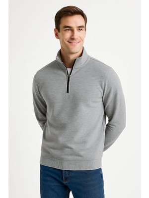 Glam Love Dik Yaka Sweatshirt Dik Yaka Yarım Fermuarlı 3 Iplik Şardonlu Pamuk Kumaş - Gri -