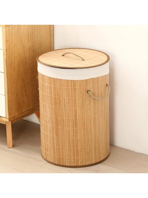 Qcraft Ekolojik Bambu Çok Amaçlı Saklama Sepeti, Pamuk Bez Iç Astarlı, Kapaklı ve Halat Saplı Modern