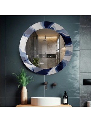 Glitglass Lacivert Dalgalı Desenli Modern Yuvarlak Duvar Aynası