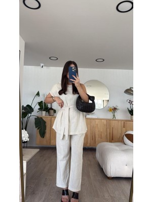 Gökyüzü Moda Kadın Omuz Detay Kuşak Dahil Bluz ve Pantolon Keten Kumaş Ikili Takım