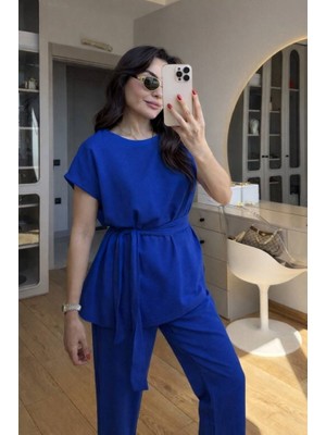 Barış Beauty Kadın Omuz Detay Kuşak Dahil Bluz ve Pantolon Keten Kumaş Ikili Takım