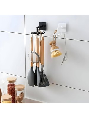 1 Adet 6 Kancalı 360° Döner Yapıştırmalı Askılık - Mutfak ve Banyo Organizeri, Kepçe, Havlu, Lif Ask