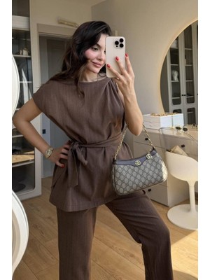 Nidam Butik Kadın Omuz Detay Kuşak Dahil Bluz ve Pantolon Keten Kumaş Ikili Takım
