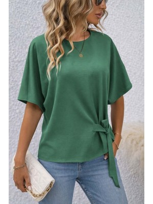 Nidam Butik Kadın Kısa Kollu Bisiklet Yaka Yandan Bağcıklı Aerobin Bluz