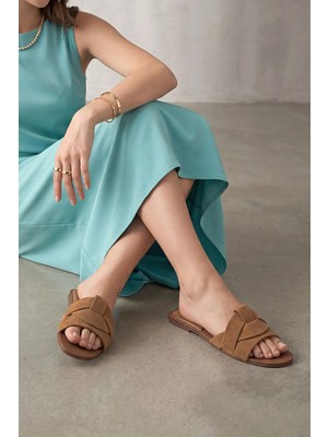 Marjin Kadın Bantlı Günlük Terlik Siyso Taba Süet