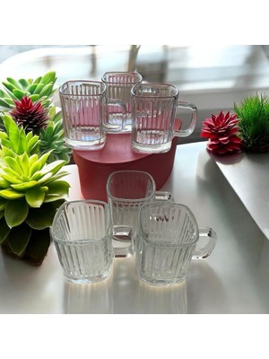 6 Ad. Köşeli Cam Kupa Bardak Çizgili Çok Şık Model