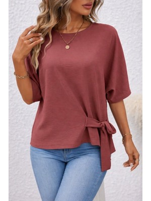 Nova Epoxy Art Kadın Kısa Kollu Bisiklet Yaka Yandan Bağcıklı Aerobin Bluz