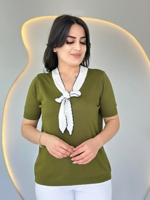Arben Boutique Kadın Kısa Kollu V Yaka Fular Detay Merserize Triko Bbluz