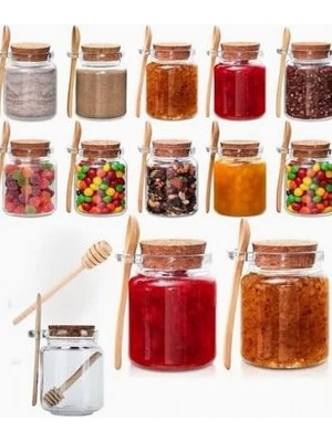 Cam Kavanoz Seti, 350 Ml, Mantar Kapaklı, Ahşap Bal Kaşığı Ile, Mutfak Saklama Kabı (6)