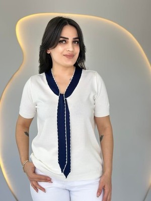 Ahes Shopping Kadın Kısa Kollu V Yaka Fular Detay Merserize Triko Bbluz