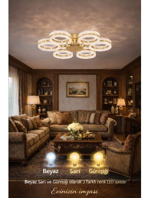 Marsel Lighting Alya 6lı Gold Avize 3 Renk LED Isıklı Salon Oturma Odası Avize