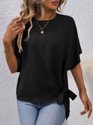 Kendim Fashion Kadın Kısa Kollu Bisiklet Yaka Yandan Bağcıklı Aerobin Bluz