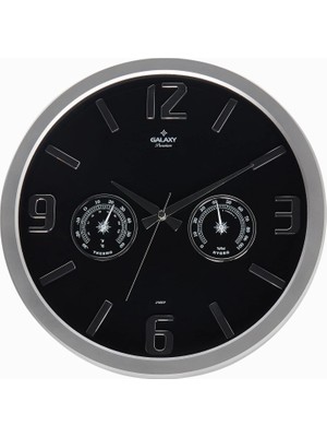 705-BK Termometre ve Baramotre Özellikli Kabartma Rakamlı Ev ve Ofis Duvar Saati, 38CM