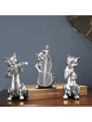 Sume Dekoratif Üçlü Müzisyen Kedi Biblo Masa Süsü Ev Dekor Gümüş
