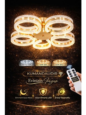 Marsel Lighting Alya 5li Gold Plafonyer 3 Renk LED Isıklı Kumandalı Salon Oturma Odası Avize