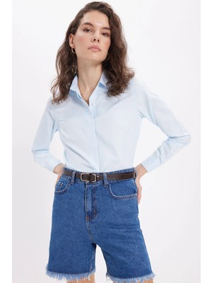Tudors Kadın Slim Fit Mavi Basic Gömlek Uzun Kollu Gizli Düğme Detaylı Polyester Klasik Düz Desen