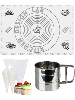 Feyza Design Beyaz 45X65 cm Silikon Hamur Açma Matı, Çelik Un Eleği ve Kullan At Krema Sıkma Torbası Seti