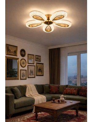 Marsel Lighting Yagmur 5li Avize Gold Plafonyer 3 Renk LED Isıklı Salon Oturma Odası Avize