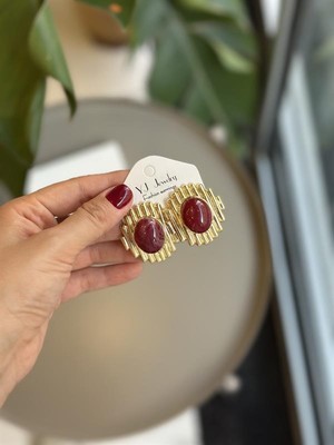 Beta Moda Hub Taşlı Küpe - Bordo