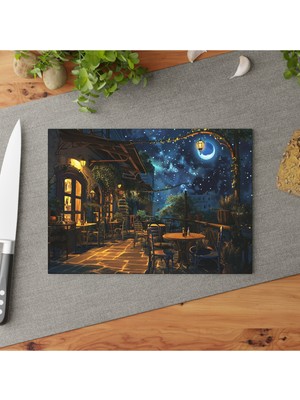 Feyza Design Yıldızlı Gece Temperli Cam Kesme Tahtası, Şık Tasarım ve Kaymaz Yüzey