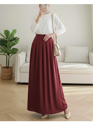 Modamorfo Fermuarlı Cepli Pliseli Krep Etek -Bordo