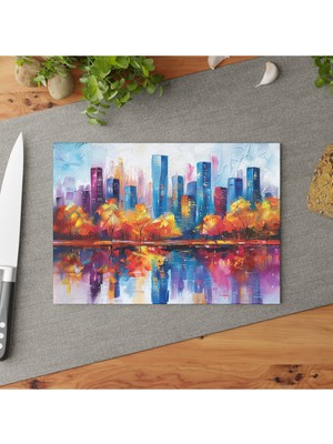 Feyza Design Şık Yağmurlu Sokaklar Temperli Cam Kesme Tahtası, Kaymaz ve Kolay Temizlenir