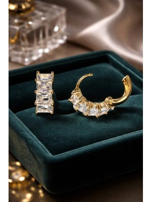 Begonia Accessories Vip Çelik Altın Kaplama Zirkon Taşlı Halka Küpe Minimal Figürlü Çivi Küpe Paslanmaz Kararmaz Alerji Yapmaz Şık Zarif Günlük ve Özel Gün Kadın Küpe