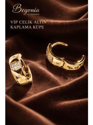Begonia Accessories Vip Çelik Altın Kaplama Zirkon Taşlı Halka Küpe Minimal Figürlü Çivi Küpe Paslanmaz Kararmaz Alerji Yapmaz Şık Zarif Günlük ve Özel Gün Kadın Küpe