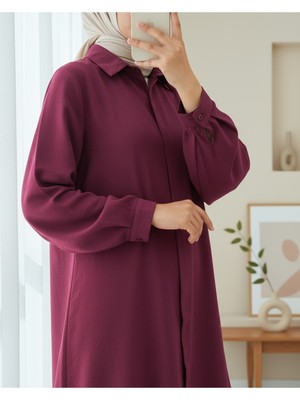 Modamorfo Gizli Düğmeli Oval Kesim Uzun Gömlek  -Bordo