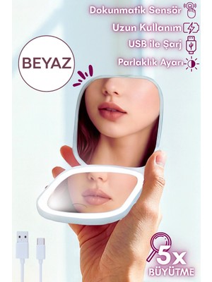 Özgürce Işıklı Katlanabilir Cep Aynası, USB Şarjlı, LED Dokunmatik, Seyahat El Aynası