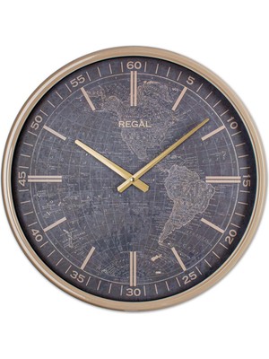 Regal Dünya Haritalı Metal Duvar Saati 51 cm - Vizon Eskitme Gold Büyük Boy Dekoratif Saat