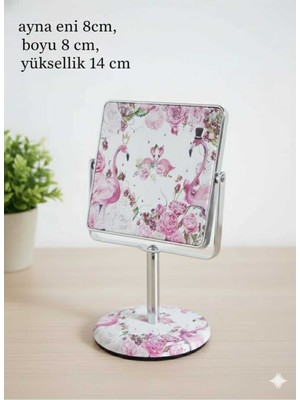 Özgürce Ayarlanabilir Kare Makyaj Aynası, El Aynası, Flamingo Tasarımı, 8X8X14