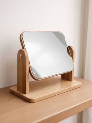 Özgürce Yatay Ahşap Makya Aynası, 360° Dönebilir, Dekoratif ve Doğal Tasarım