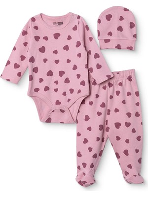 Hellobaby Kız Bebek Body-Alt-Şapka Kalp Baskılı Çıtçıtlı Bisiklet Yaka Uzun Kol Patiksiz